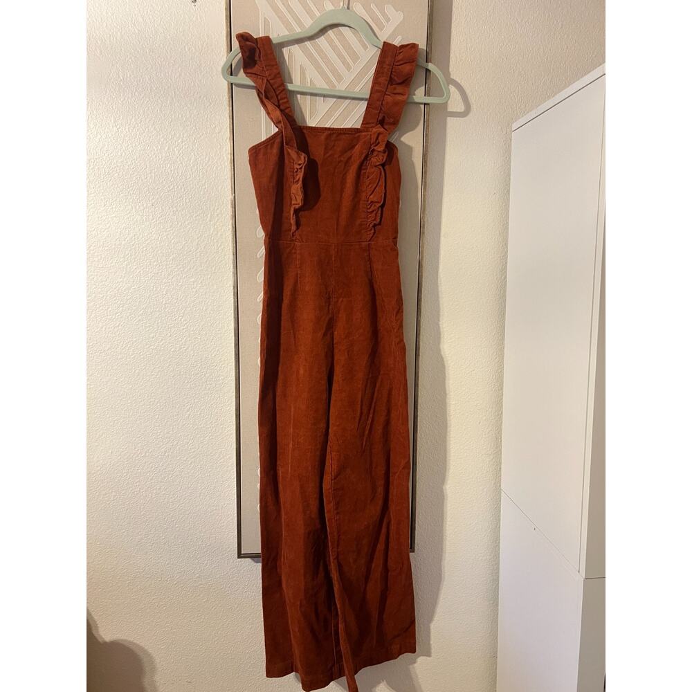 Urban Outfitters Womens Rust Ruffle Corduroy Jumpsuit Sz XS Retro Side Orange